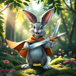 A cheerful rabbit wearing a flowing cape and holding a sword, set in a lush green forest