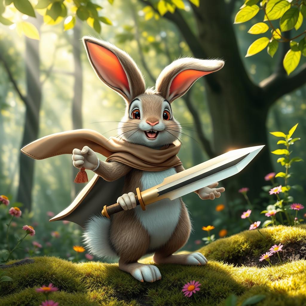 A cheerful rabbit wearing a flowing cape and holding a sword, set in a lush green forest