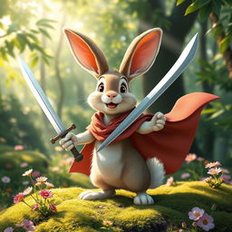 A cheerful rabbit wearing a flowing cape and holding a sword, set in a lush green forest