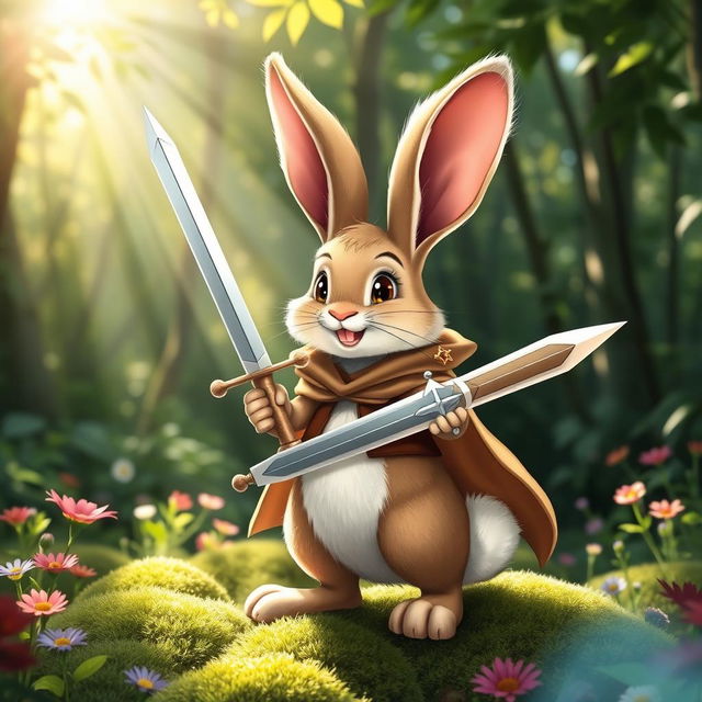 A cheerful rabbit wearing a flowing cape and holding a sword, set in a lush green forest