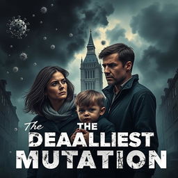 A dramatic and realistic scene set in a dystopian England, depicting a couple with a worried expression as they look at their 6-year-old child who is showing signs of illness