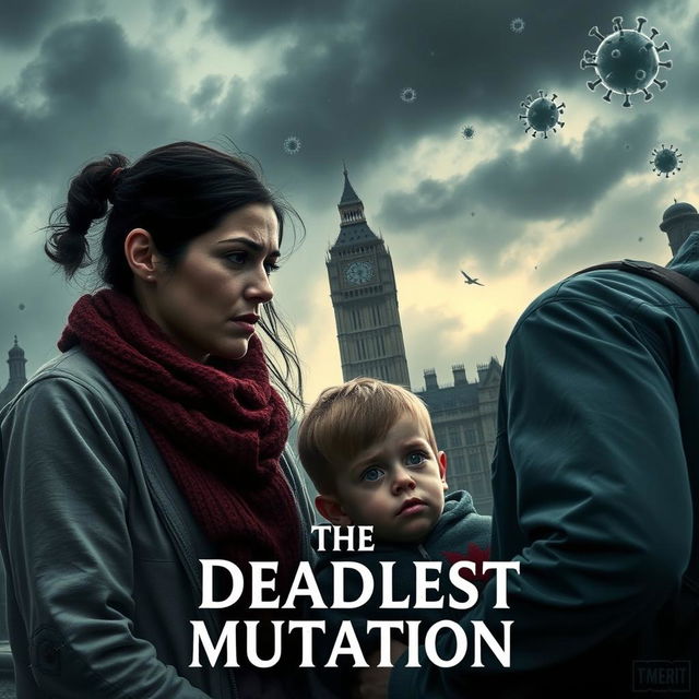 A dramatic and realistic scene set in a dystopian England, depicting a couple with a worried expression as they look at their 6-year-old child who is showing signs of illness