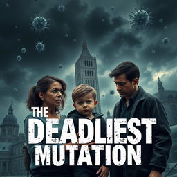 A dramatic and realistic scene set in a dystopian England, depicting a couple with a worried expression as they look at their 6-year-old child who is showing signs of illness