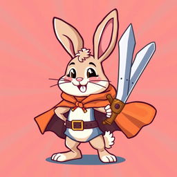 An 8-bit style depiction of a cheerful rabbit, wearing a cape and holding a sword, with a bright and colorful background