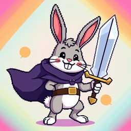 An 8-bit style depiction of a cheerful rabbit, wearing a cape and holding a sword, with a bright and colorful background