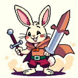 An 8-bit style depiction of a cheerful rabbit, wearing a cape and holding a sword, with a bright and colorful background
