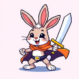 An 8-bit style depiction of a cheerful rabbit, wearing a cape and holding a sword, with a bright and colorful background