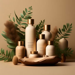 Design for a range of natural cosmetics products presented in sustainable packaging, surrounded by elements of nature like leaves, flowers, and earth tones.