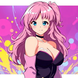 A female character with long, medium wavy pink hair and striking blue eyes, depicted in an anime style