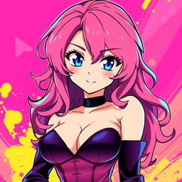 A female character with long, medium wavy pink hair and striking blue eyes, depicted in an anime style