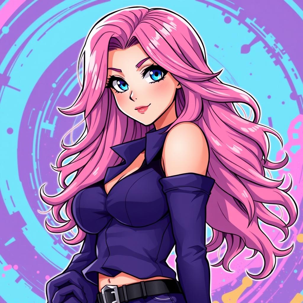 A female character with long, medium wavy pink hair and striking blue eyes, depicted in an anime style