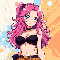 A female character with long, medium wavy pink hair and striking blue eyes, depicted in an anime style