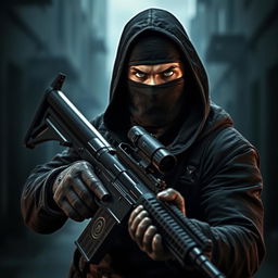 A mysterious rogue dressed in dark, rugged attire, with a bandana covering his face