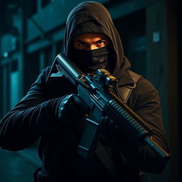 A mysterious rogue dressed in dark, rugged attire, with a bandana covering his face