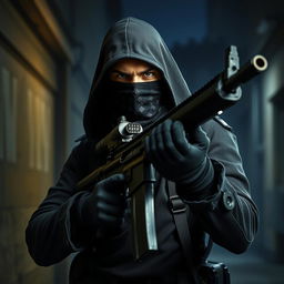 A mysterious rogue dressed in dark, rugged attire, with a bandana covering his face