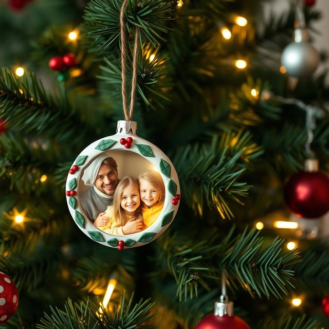 A delightful DIY Christmas tree ornament crafted from clay, featuring a beautiful and heartwarming family photo encased within