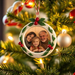 A delightful DIY Christmas tree ornament crafted from clay, featuring a beautiful and heartwarming family photo encased within