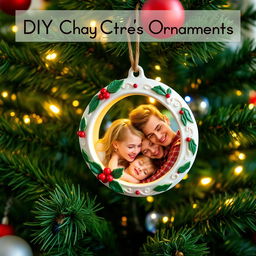 A delightful DIY Christmas tree ornament crafted from clay, featuring a beautiful and heartwarming family photo encased within