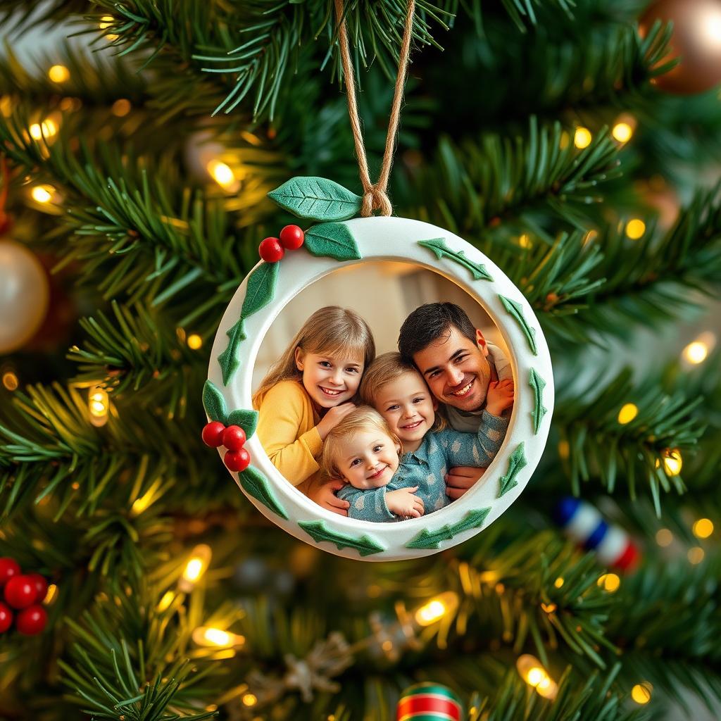 A delightful DIY Christmas tree ornament crafted from clay, featuring a beautiful and heartwarming family photo encased within