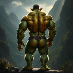 A muscular orc showcasing a powerful physique, standing confidently with their completely bare backside on display