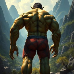 A muscular orc showcasing a powerful physique, standing confidently with their completely bare backside on display