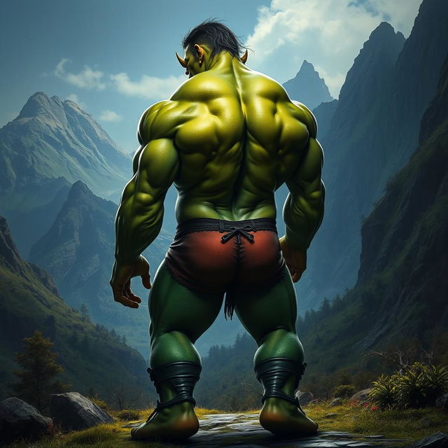 A muscular orc showcasing a powerful physique, standing confidently with their completely bare backside on display