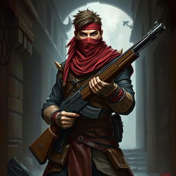 A Dungeons and Dragons rogue character standing confidently, wearing a stylish bandana covering his face