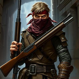 A Dungeons and Dragons rogue character standing confidently, wearing a stylish bandana covering his face