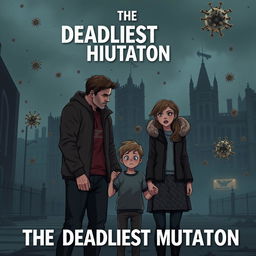 A dystopian scene set in a near-future England, where a dangerous virus has spread due to government efforts to manage overpopulation
