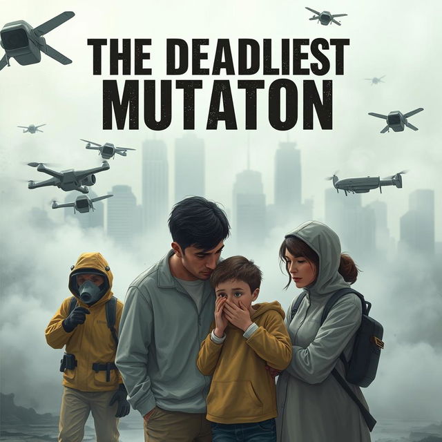 In a dystopian future, a couple and their 6-year-old child are surrounded by a foggy, contaminated environment signifying a deadly virus in the air