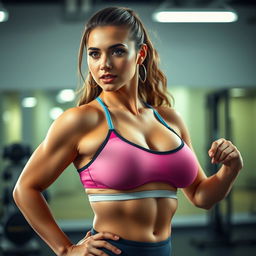 A confident athletic woman with an athletic build, showcasing big breasts in a stylish sports bra