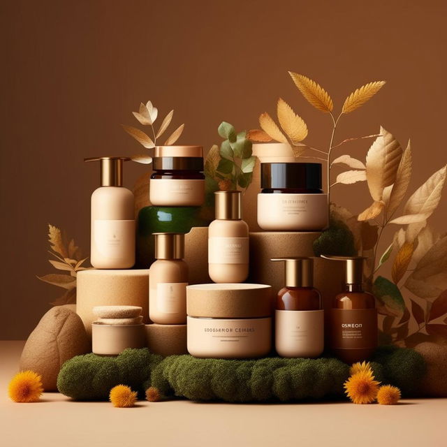 Design for a range of natural cosmetics products presented in sustainable packaging, surrounded by elements of nature like leaves, flowers, and earth tones.