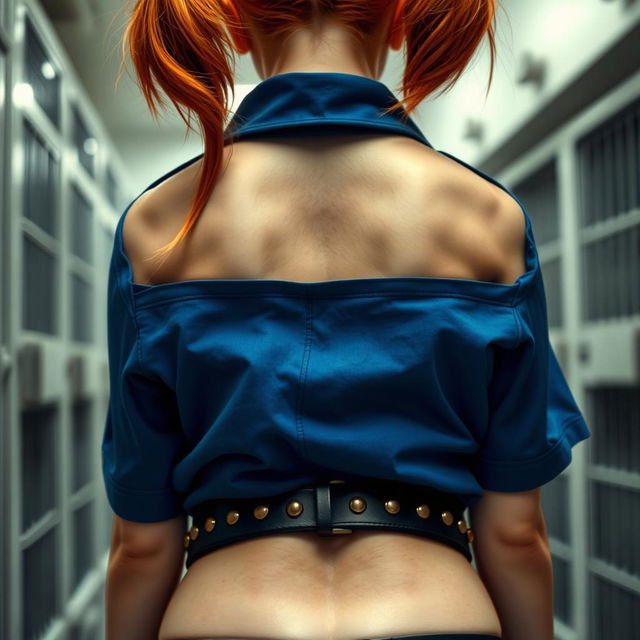 A close-up shot from behind of a round booty, showcasing the top of the butt crack, adorned in a blue short sleeve police shirt that exposes the midriff