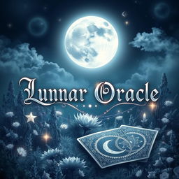 A mystical book cover design for 'Lunar Oracle', featuring an enchanting moonlit scene