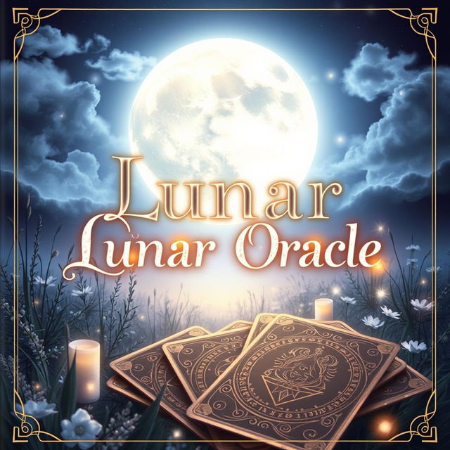 A mystical book cover design for 'Lunar Oracle', featuring an enchanting moonlit scene