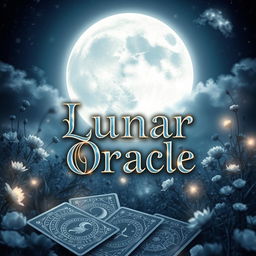 A mystical book cover design for 'Lunar Oracle', featuring an enchanting moonlit scene