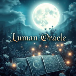 A mystical book cover design for 'Lunar Oracle', featuring an enchanting moonlit scene