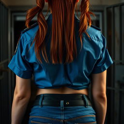 A close-up shot from behind of a redhead woman with pigtails, wearing a blue short sleeve police shirt that reveals her midriff