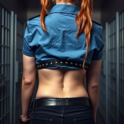 A close-up shot from behind focusing on the round booty of a woman with redhead pigtails, wearing a blue short sleeve police shirt that reveals her midriff