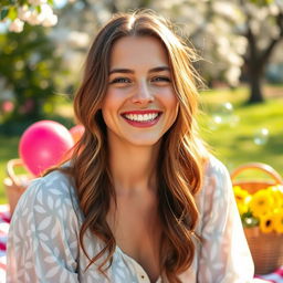 A vibrant and enchanting portrait of a 32-year-old woman named Chloe, radiating joy and optimism about love
