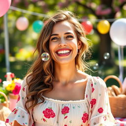 A vibrant and enchanting portrait of a 32-year-old woman named Chloe, radiating joy and optimism about love