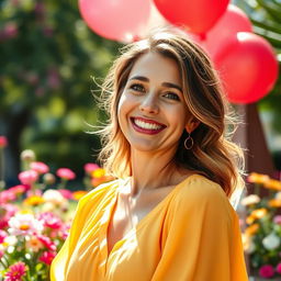 A vibrant and enchanting portrait of a 32-year-old woman named Chloe, radiating joy and optimism about love