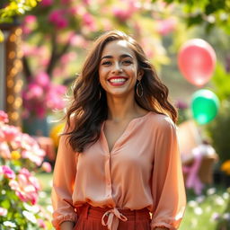 A vibrant and enchanting portrait of a 32-year-old woman named Chloe, radiating joy and optimism about love