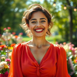 A vibrant and enchanting portrait of a 32-year-old woman named Chloe, radiating joy and optimism about love