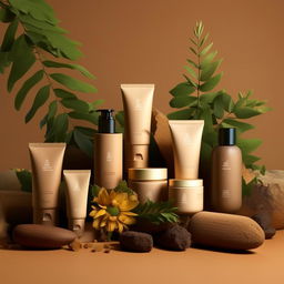 Design for a range of natural cosmetics products presented in sustainable packaging, surrounded by elements of nature like leaves, flowers, and earth tones.