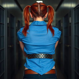 A close-up shot from behind focusing on a round booty with the top of the butt crack visible, wearing a blue short sleeve police shirt that reveals midriff