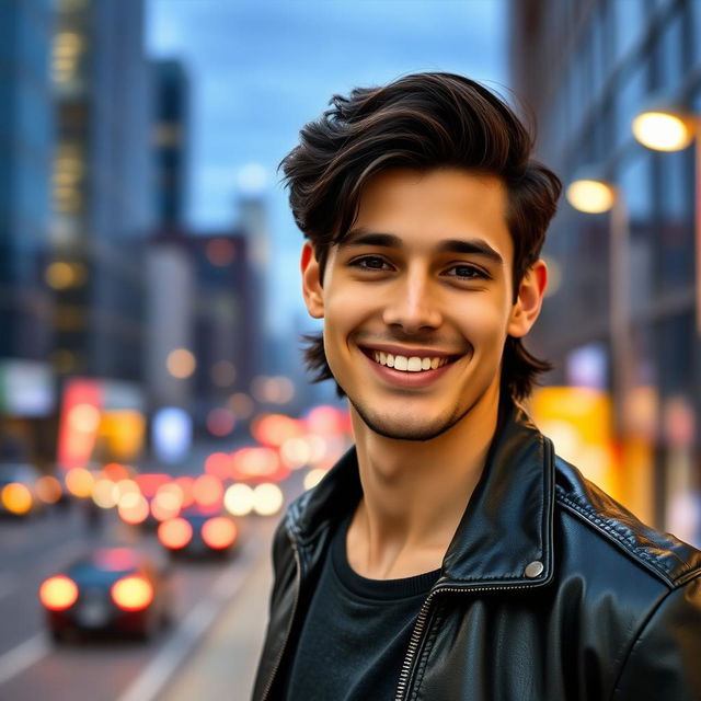 An image of a stylish young man posing confidently, smiling warmly