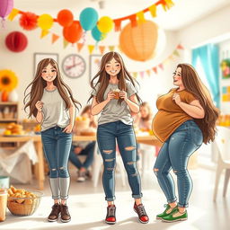 A creative depiction of the transformation of a skinny girl to a fuller figure
