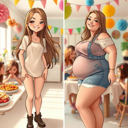 A creative depiction of the transformation of a skinny girl to a fuller figure