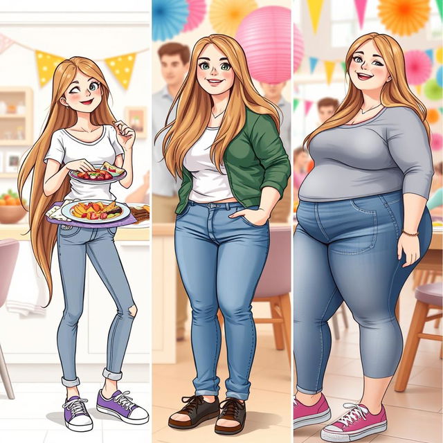 A creative depiction of the transformation of a skinny girl to a fuller figure